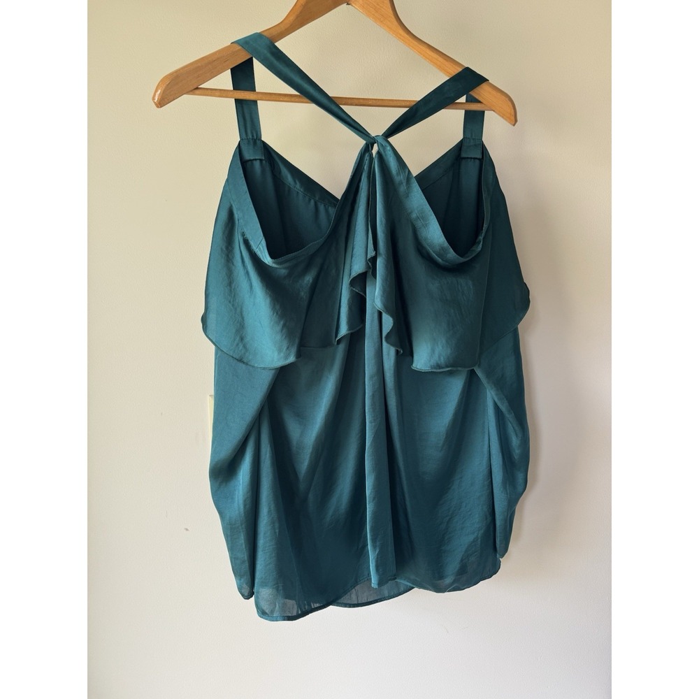 Libby Edelman Cold Shoulder Ruffle Top Teal Green Satin Look Blouse Women's